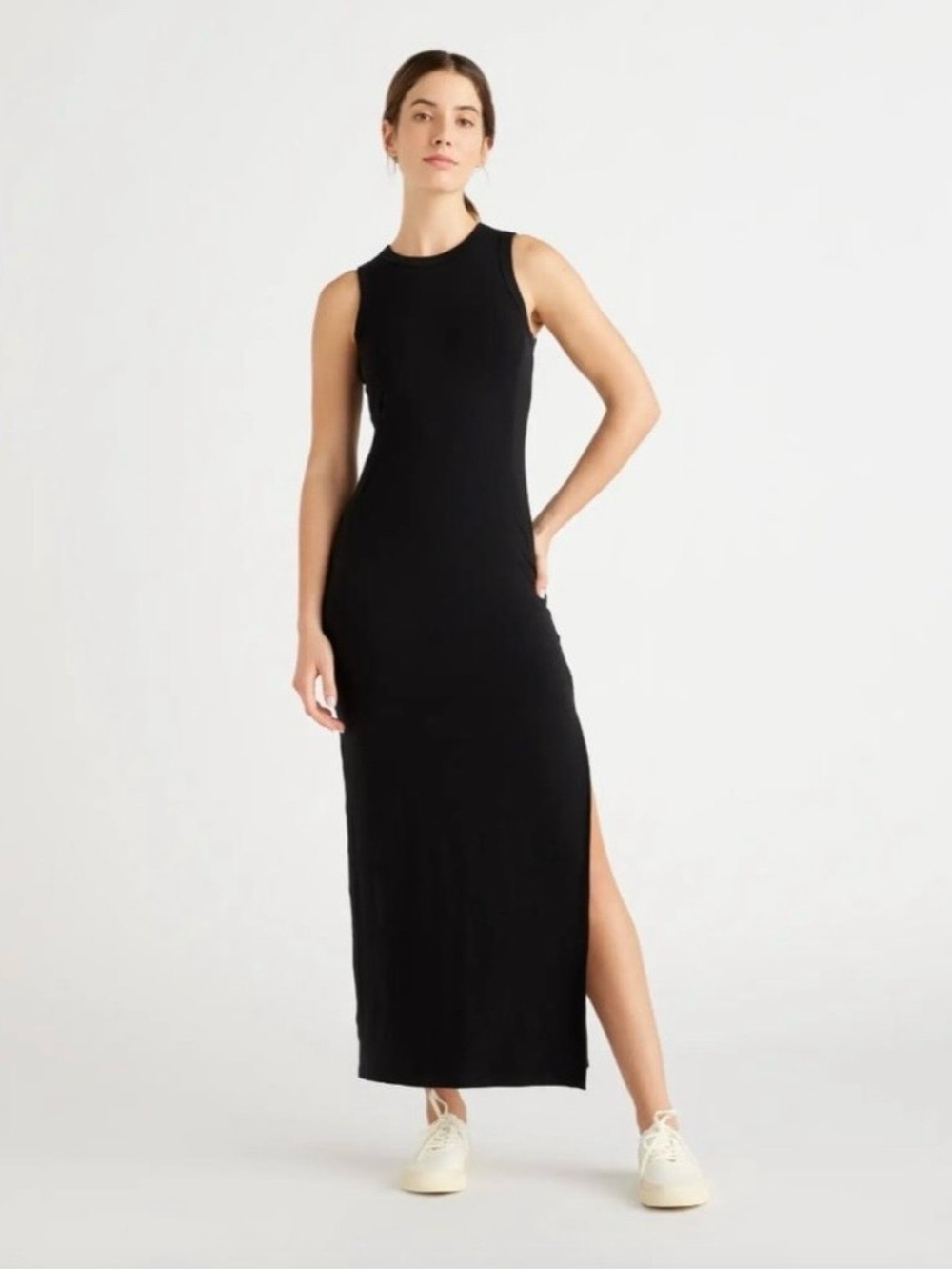Quince Women’s Black Tencel Jersey Tank Maxi Dress sz M Side Slit Sleeveless